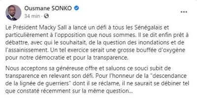 Inondations: Sonko se dit prêt à débattre avec Macky