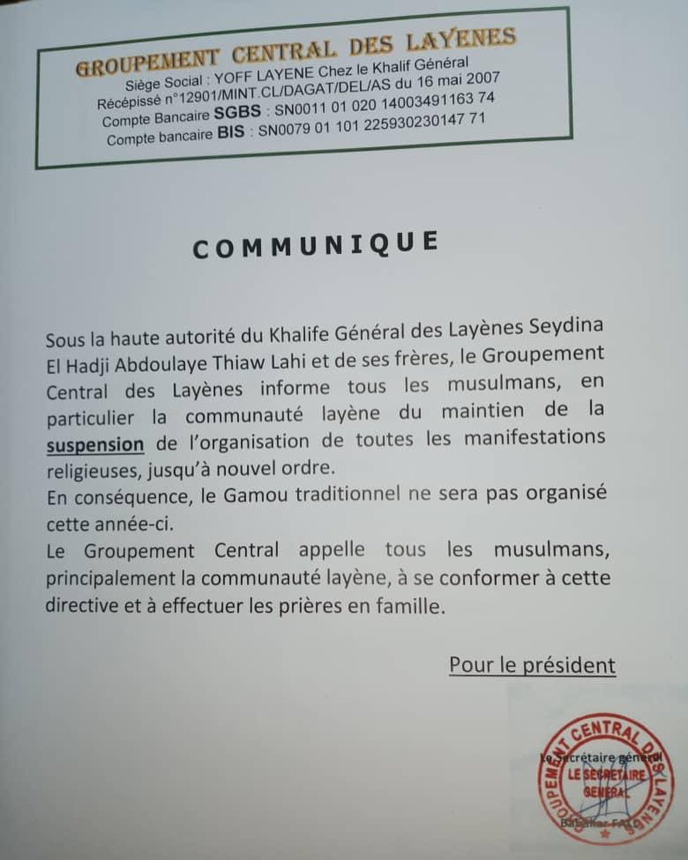 Dernière Minute: La communauté Layenne annonce le report de tous les événements religieux jusqu’à... (Document)
