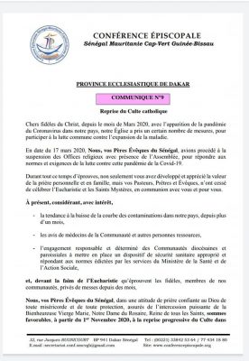 Reprise progressive du Culte dans les églises à partir du 1er novembre prochain