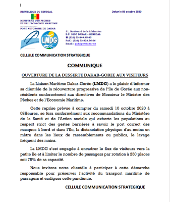 La réouverture de l'île de Gorée prévu ce samedi (Communiqué)