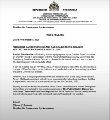 Covid-19 en Gambie : Levée des restrictions, toutes les frontières de nouveau ouvertes