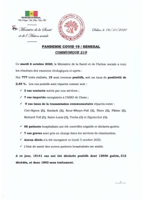 Covid-19: 19 nouveaux cas, 66 guéris… ce mardi 06 octobre