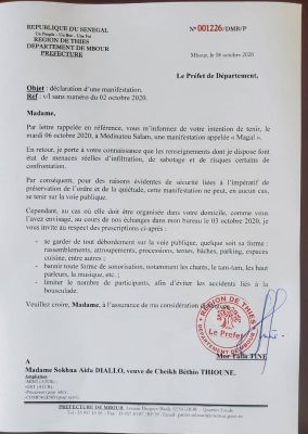 Medinatoul Salam: Sokhna Aïda DIallo interdite de magal sur la voie publique (Document)