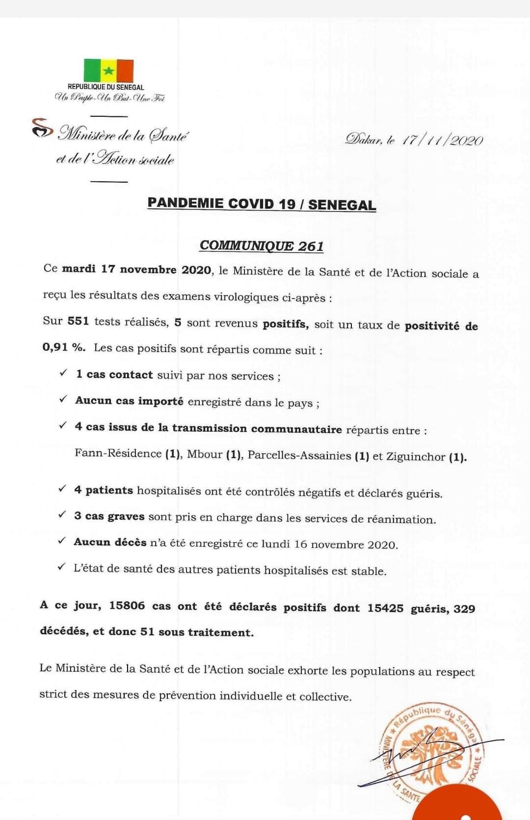 Covid-19 : 5 cas positifs, 51 malades sous traitement