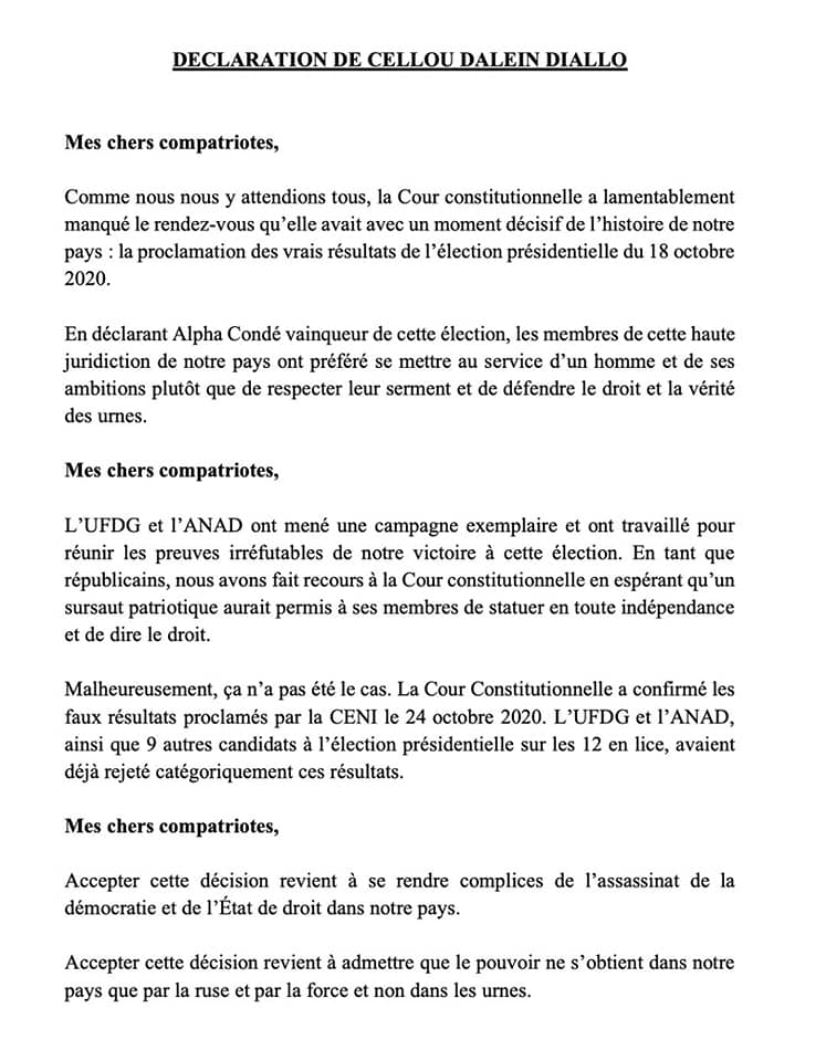 GUINÉE/CELLOU DALEIN DIALLO: "J'ai gagné cette élection..."