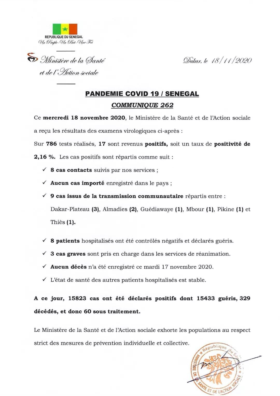 Covid-19 : 17 cas positifs, 60 patients sous traitement