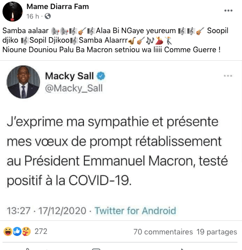 Macron testé positif, Mame Diarra Fam raille Macky: “Samba alar soopil djiko”