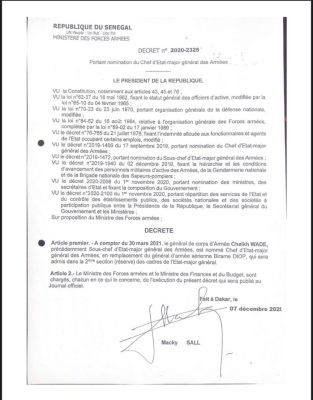 Armée sénégalaise : Le Général Cheikh Wade nommé CEMGA