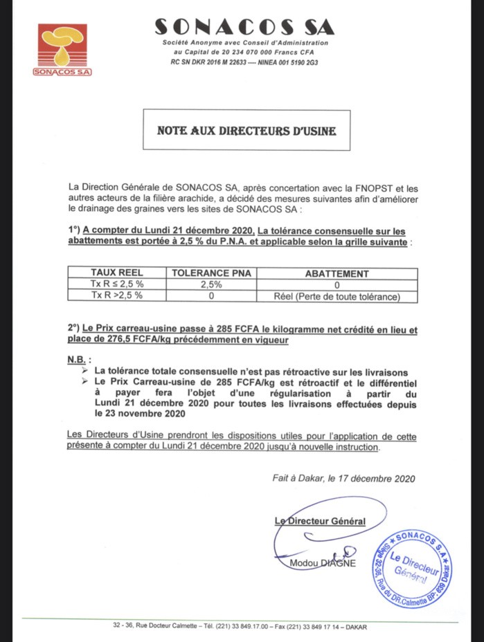 La Sonacos annonce une augmentation du prix carreau-usine de 276,5 à 285 Fcfa (DOCUMENT).