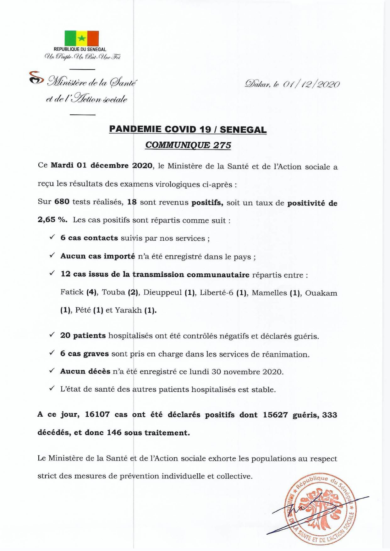 Covid-19 : 18 cas positifs, dont 12 cas communautaires