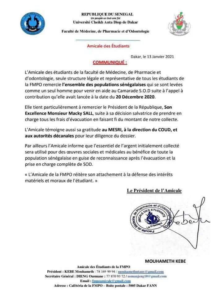 Prise en charge de SOD : Les precisions de L'amicale des étudiants de la fac médecine