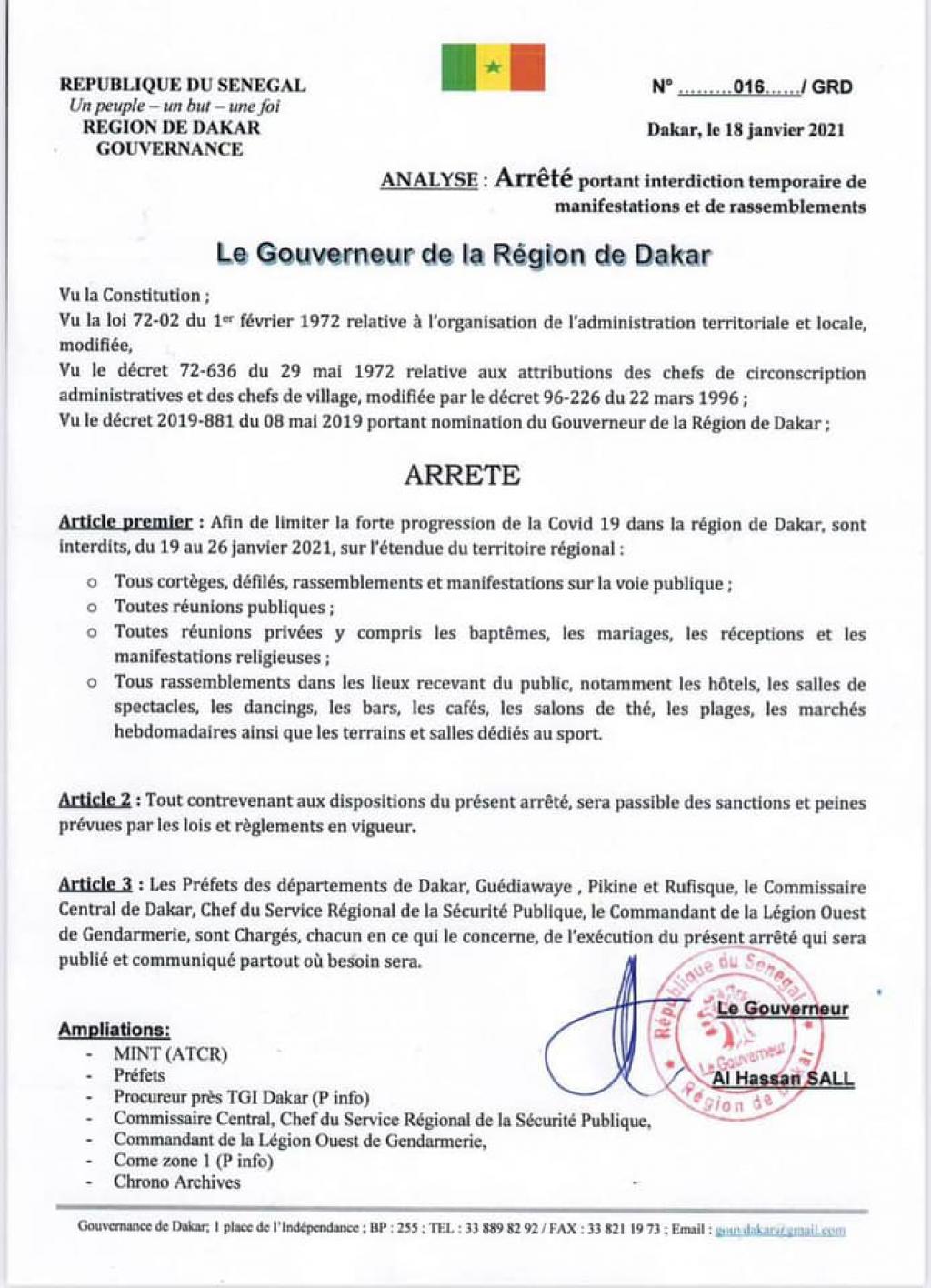 Urgent: Couvre-feu la mesure vient de tomber: Voici l’arrêté du Gouverneur de Dakar (Document)