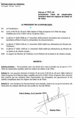 Covid-19: L'état de catastrophe sanitaire proclamé, Dakar et Thiès sous couvre-feu jusqu'au 20 février