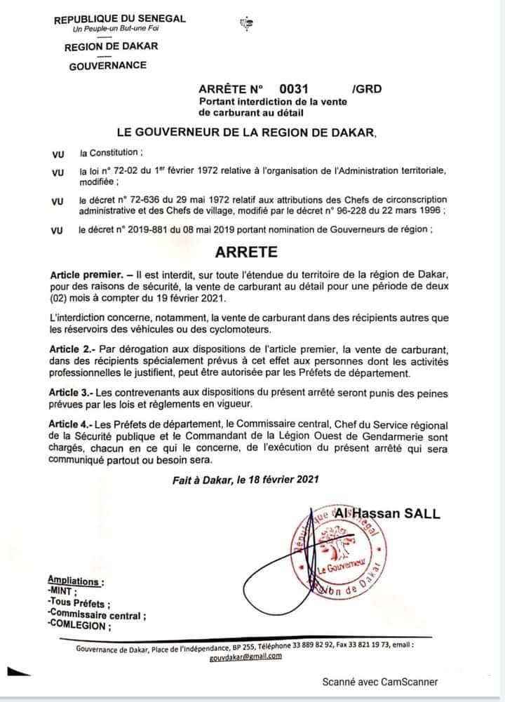 Urgent : Le Gouverneur de Dakar interdit la vente de carburant au détail