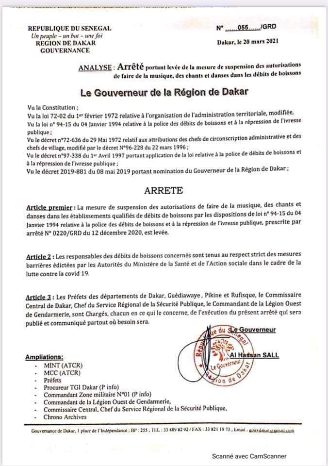 DAKAR/ FIN DE L'ETAT D'URGENCE HIER A MINUIT/DÉBITS DE BOISSONS: Le gouverneur "lève" les restrictions