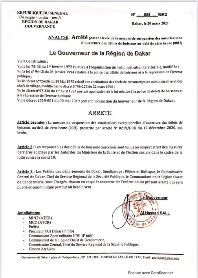 DAKAR/ FIN DE L'ETAT D'URGENCE HIER A MINUIT/DÉBITS DE BOISSONS: Le gouverneur "lève" les restrictions