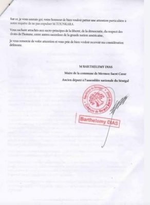 Affaire Ousmane TOUNKARA, Barthélémy DIAS écrit au juge américain