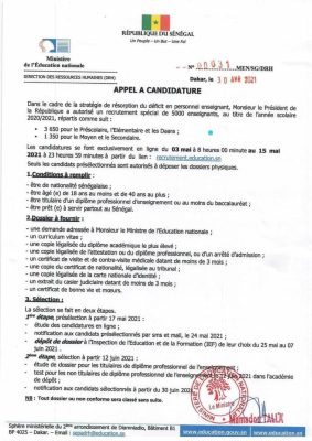 L'Etat du Sénégal lance le processus de recrutement de 5000 enseignants