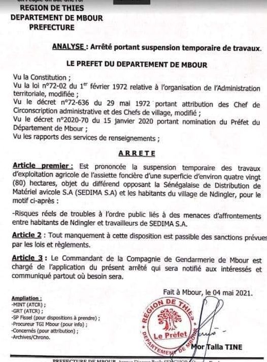 NDingler - Menaces d'afrontements: Le préfet de Mbour sort un arrêt (Document)