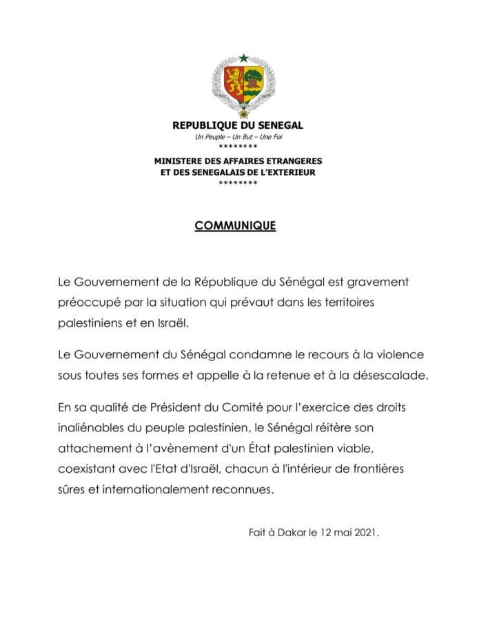Situation en Palestine : le Gouvernement sénégalais condamne le recours à la violence