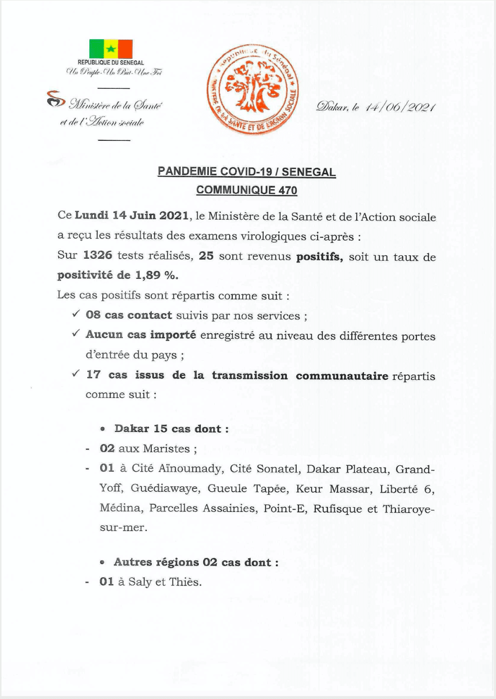 Covid-19 : 25 cas positifs, 01 décès