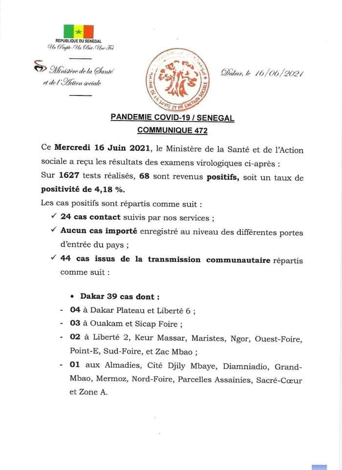 Covid-19 : 68 cas positifs, 05 patients en réa