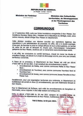 Urgent: Keur Massar officiellement 46e département du Sénégal (Document)