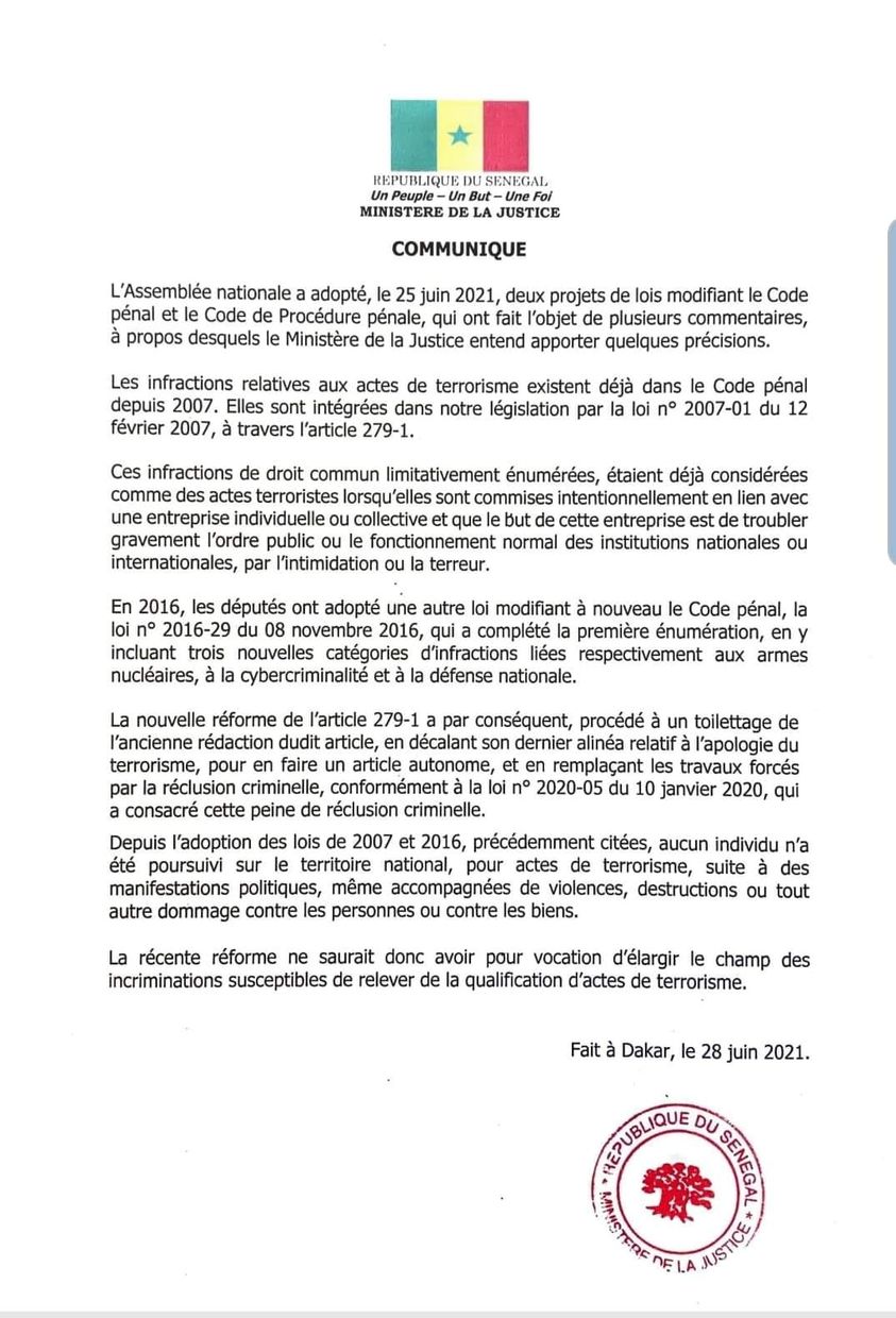 Modification code pénal et code de procédure pénale : Les précisions du ministère de la justice