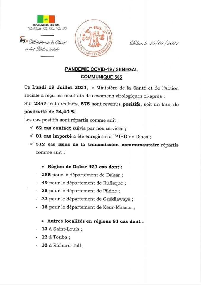 Coronavirus : Le Sénégal a enregistré 575 et 7 décès