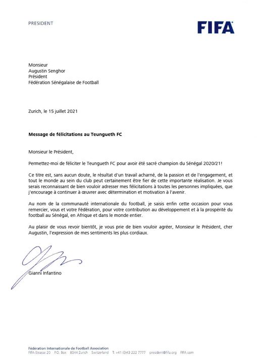 Champion du Sénégal: Le président de la FIFA Gianni Infantino félicite Teungueth FC pour son titre