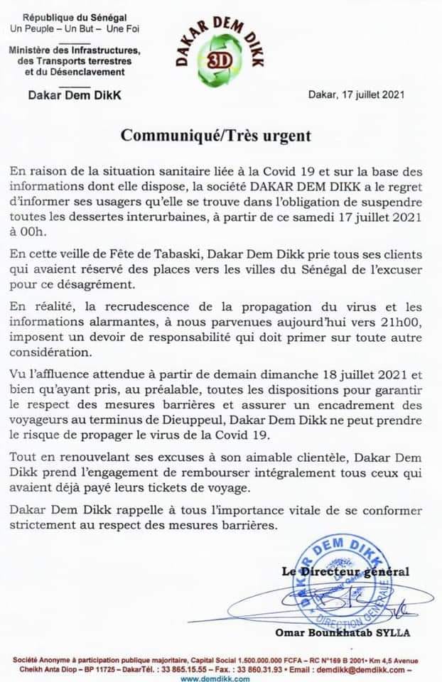 Urgent – Dakar Dem Diik suspend toutes ses dessertes interurbaines .