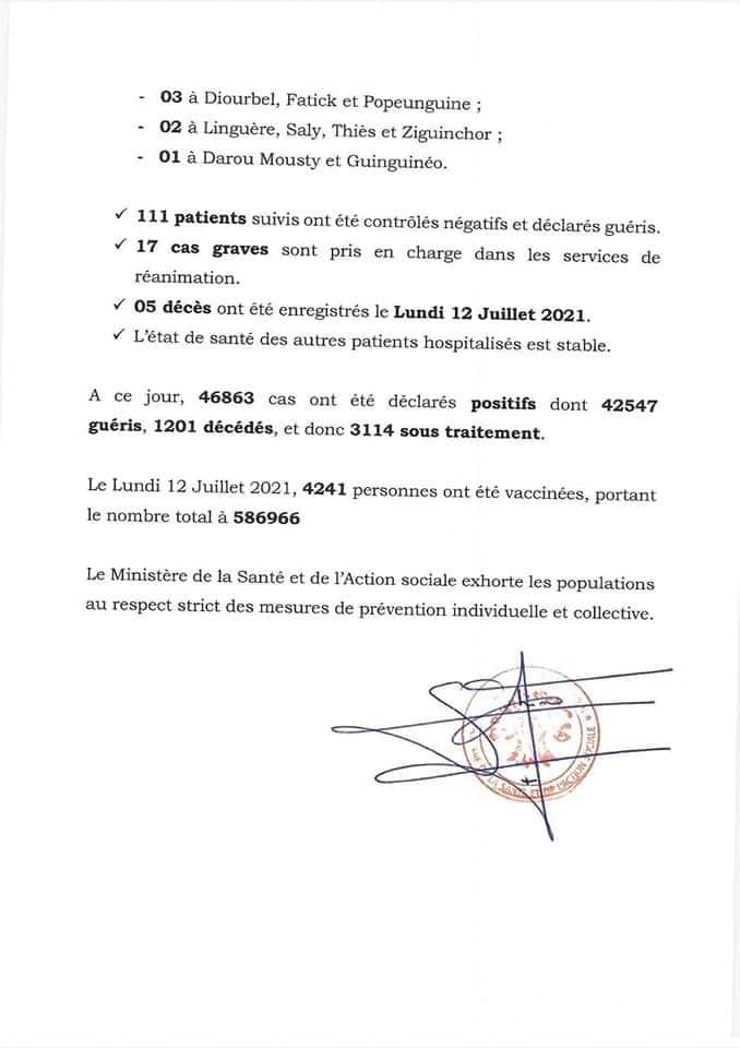 Covid-19 : 354 cas positifs, 05 décès, ce mardi 13 juillet