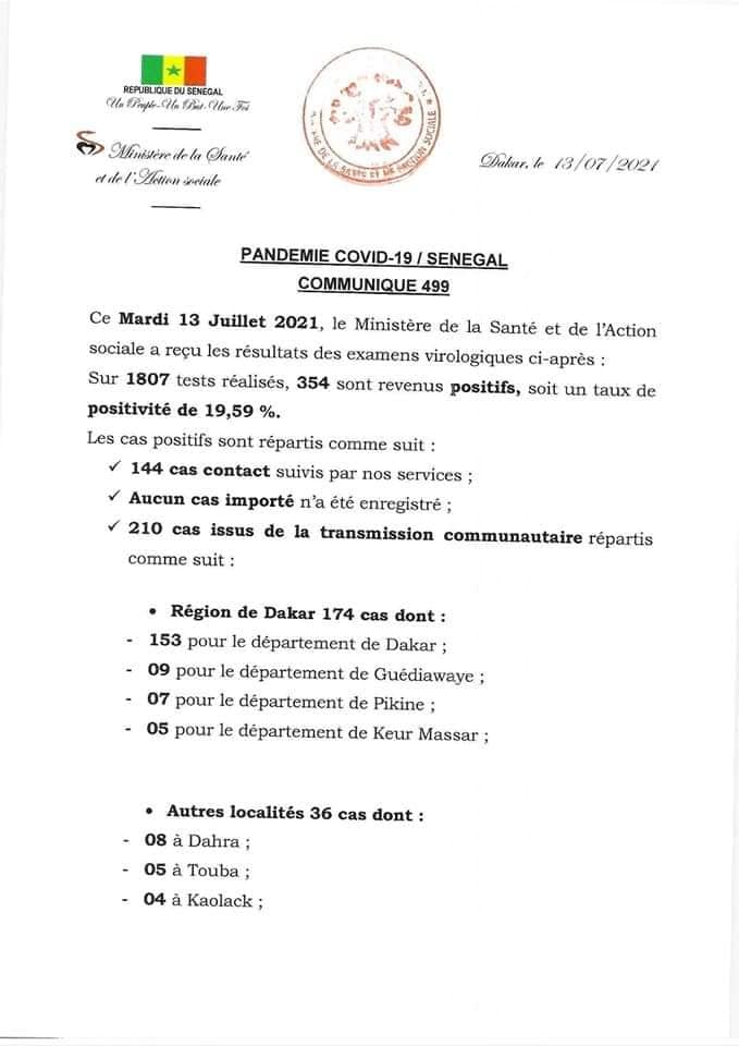 Covid-19 : 354 cas positifs, 05 décès, ce mardi 13 juillet