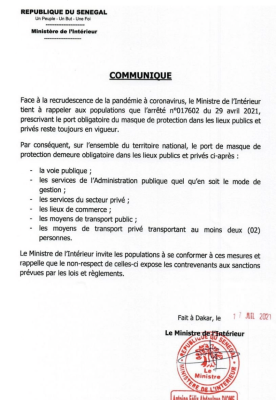 Covid-19 : "Le port obligatoire du masque dans les lieux publics et privés toujours en vigueur" (Ministère de l'intérieur)
