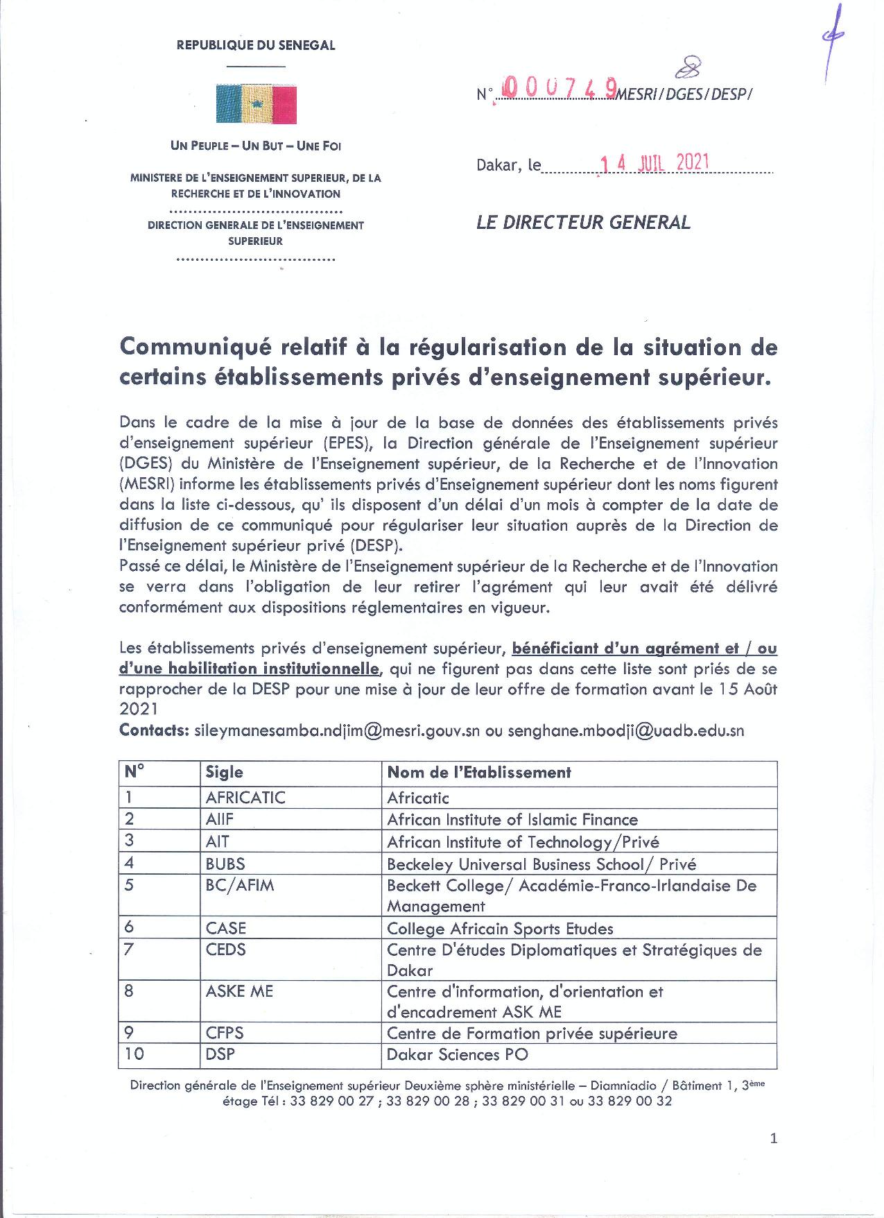 Régularisation auprès de la DESP : La Direction de l'Enseignement Supérieur donne un délai d’un mois aux établissements privés