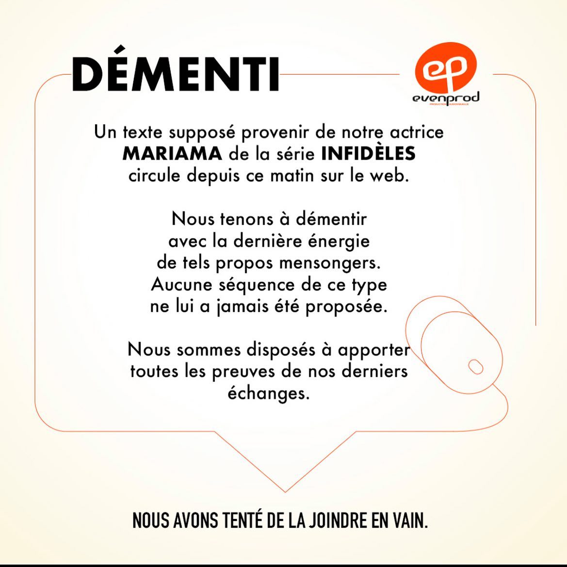 Polémique sur la démission de l’actrice Mariama de la série « Infidéles »: Evenprod brise le silence