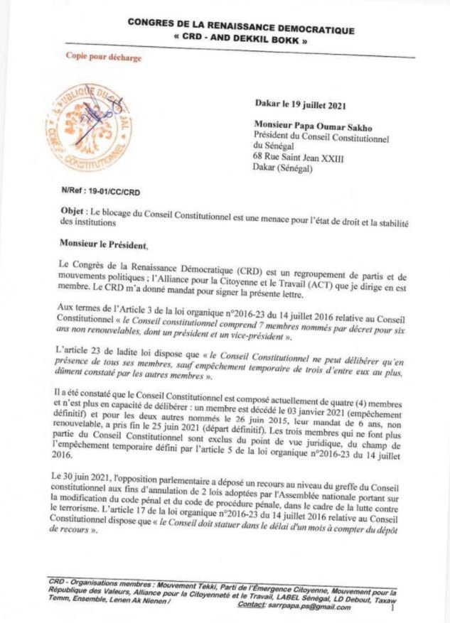 Conseil Constitutionnel bloqué :  "Une menace pour pour l’état de droit...", selon le CRD