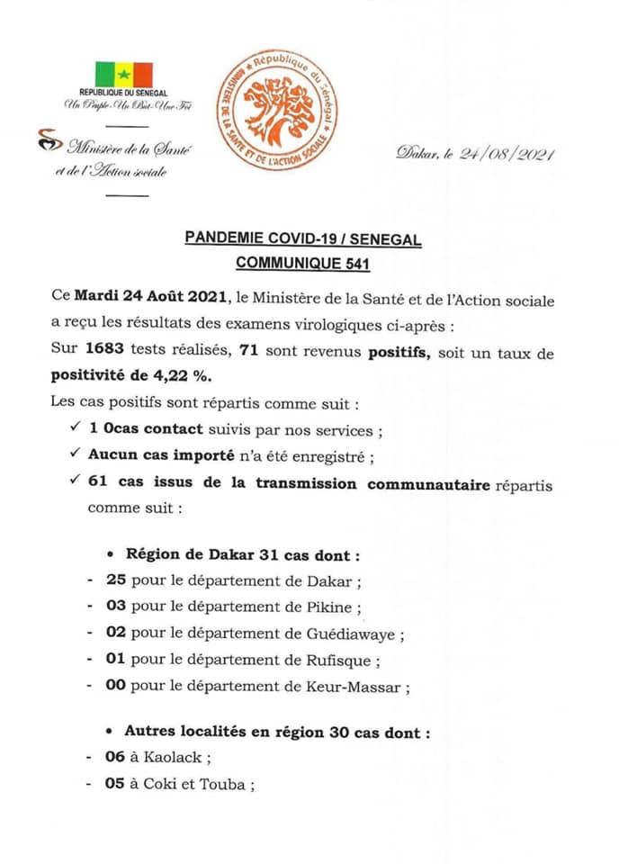 Covid-19 : Le Sénégal enregistre 17 décès et 71 nouveaux cas
