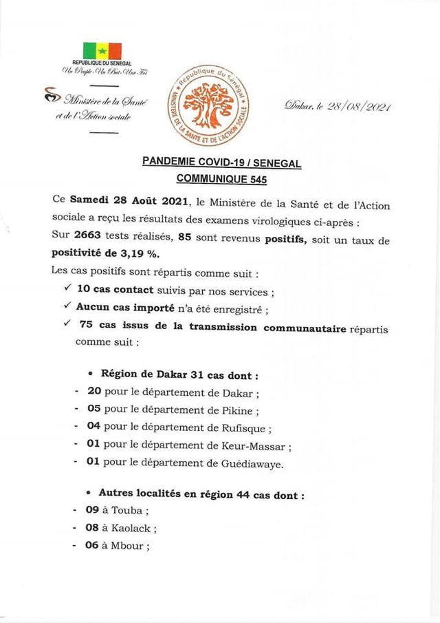 Covid-19 : Le Sénégal enregistre 13 décès et 85 nouveaux cas