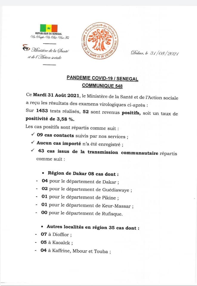 Covid-19 : Le Sénégal enregistre 5 décès et 52 nouveaux cas