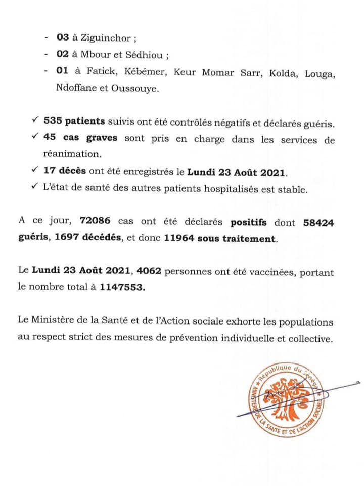 Covid-19 : Le Sénégal enregistre 17 décès et 71 nouveaux cas