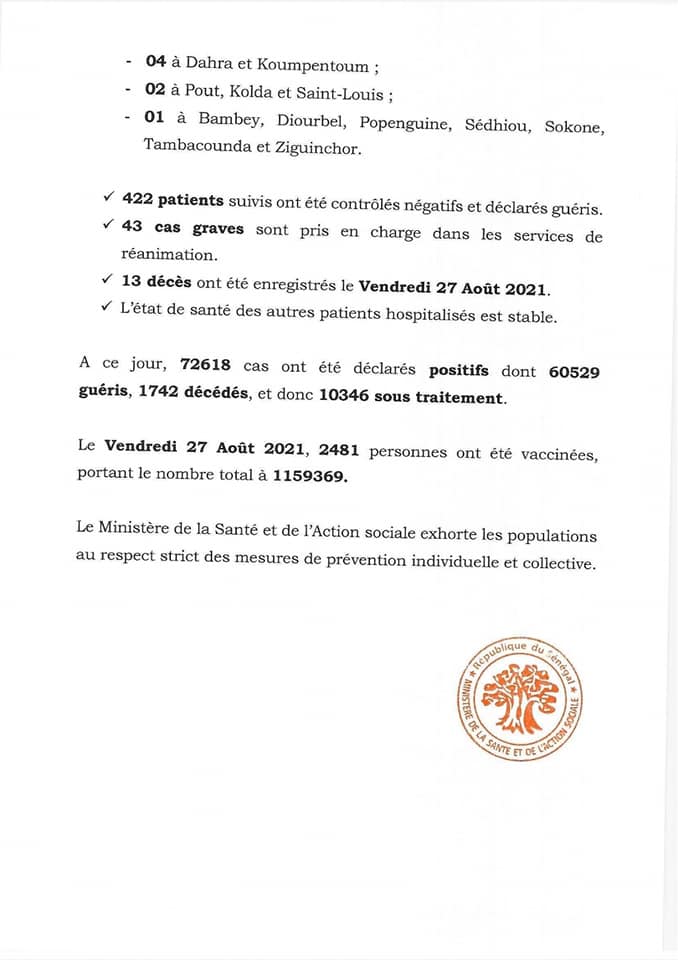 Covid-19 : Le Sénégal enregistre 13 décès et 85 nouveaux cas