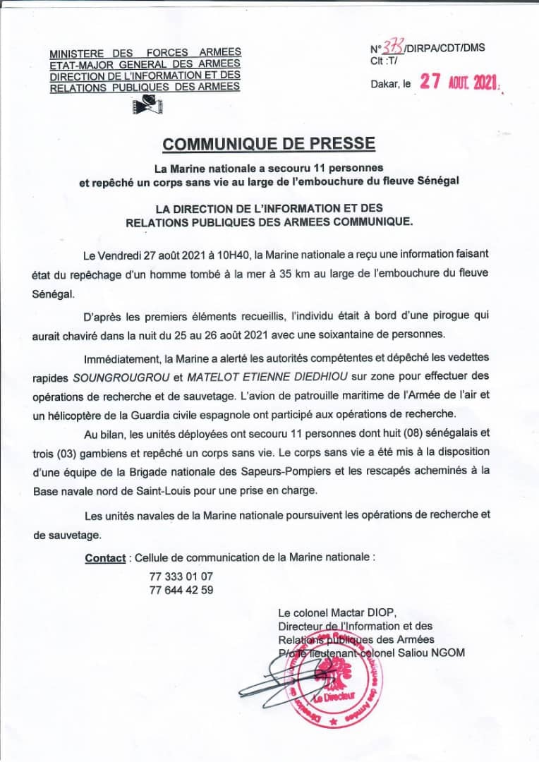Pirogue chavirée à St-Louis : 11 personnes secourues dont 8 Sénégalais et 3 Gambiens (DIRPA)