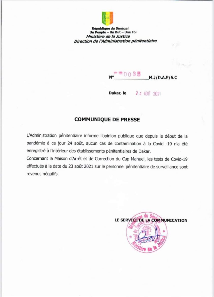Administration pénitentiaire : "Aucun cas de Covid-19 n'a été enregistré dans les prisons de Dakar"