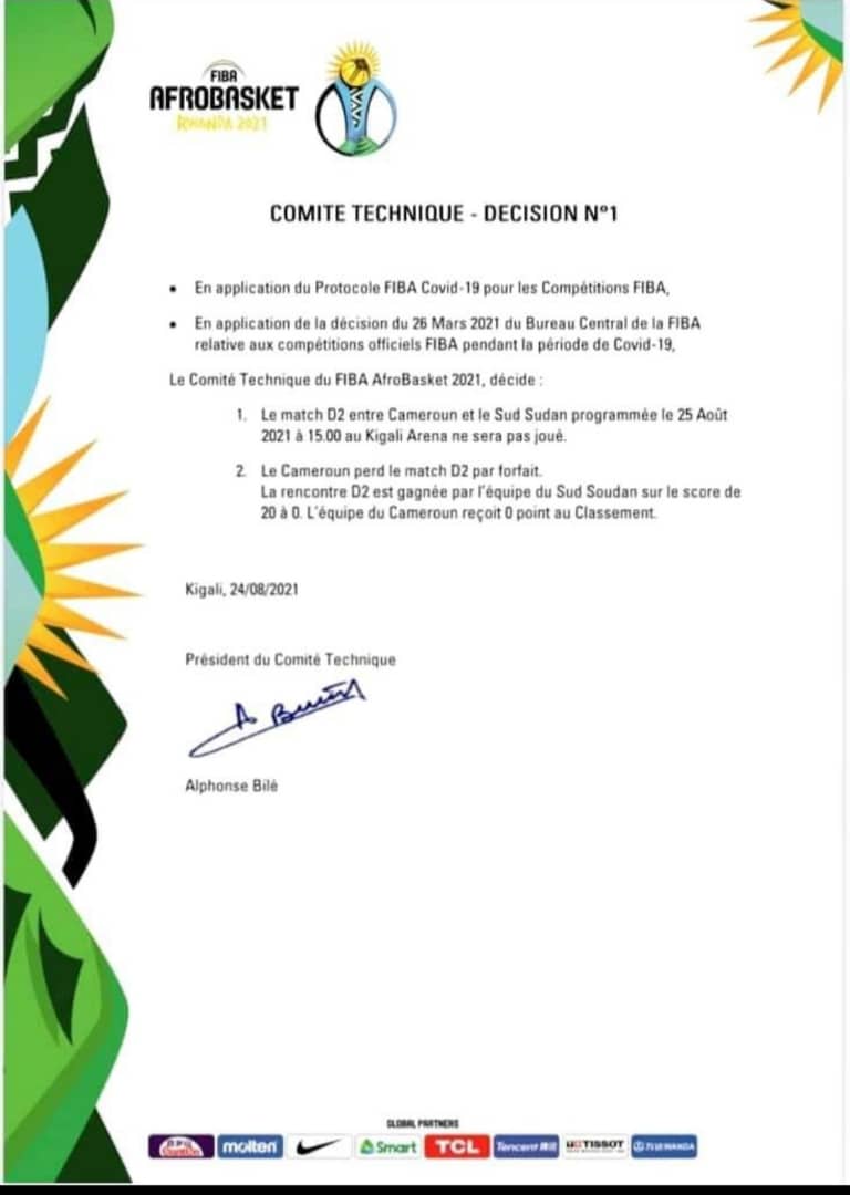 En application du protocole FIBA Covid-19 : Le Cameroun déclaré forfait face au Sud Soudan