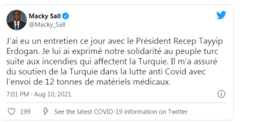 Lutte contre la Covid-19 : Macky annonce un don turc de 12 tonnes de matériels médicaux