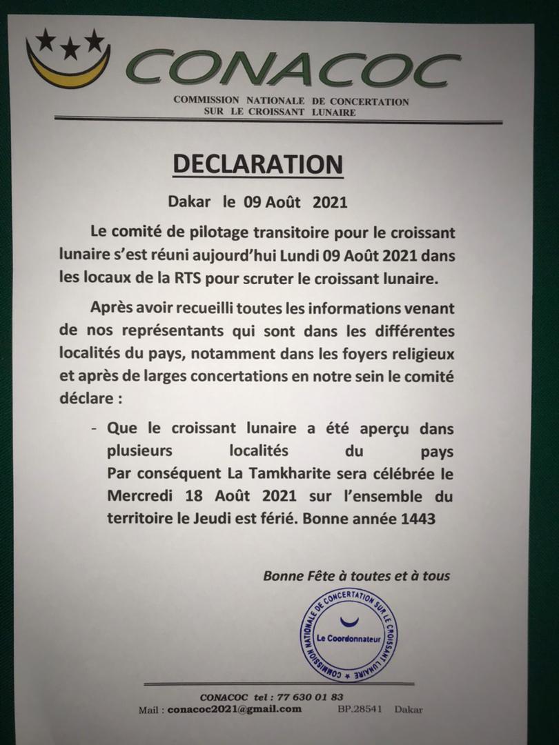 Sénégal : La Tamkharit célébrée le mercredi 18 août (Conacoc)