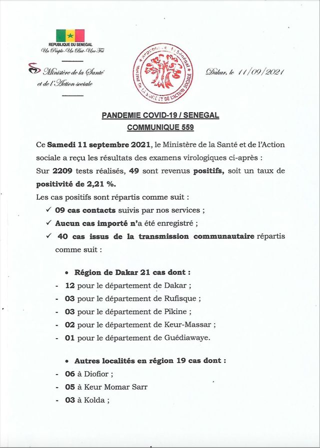 Covid-19 : Le Sénégal enregistre 2 décès et 49 nouveaux cas