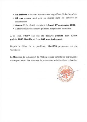 Covid-19 : La courbe épidémiologique poursuit sa tendance baissière, 10 nouveaux cas, ce jour