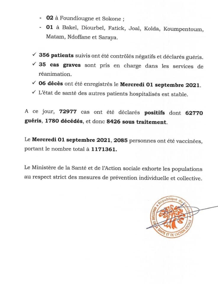 Covid-19 : 57 nouveaux cas et 06 décès ce jeudi